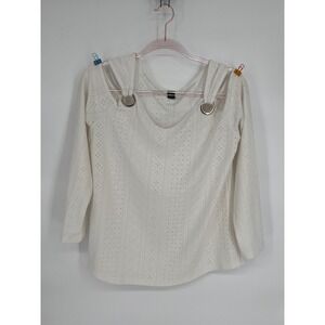 Ranlege Eyelet Cold Shoulder Top V-Neck 3/4 Sleeve‎ Blouse White Size L